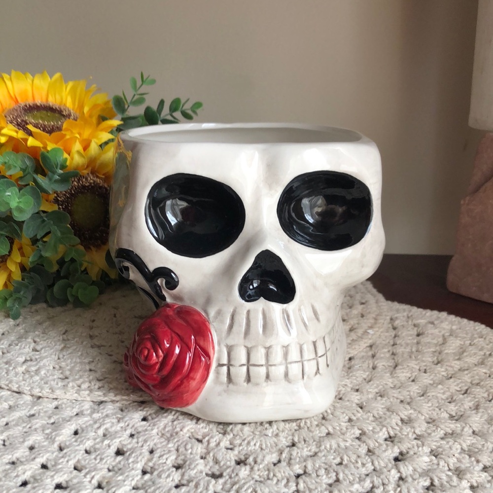 Gothic Ceramic Skull with Red Rose Accent - Halloween Decor